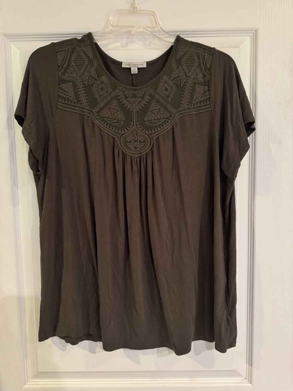 Green Envelope Olive Green Embroidered Yoke Short Sleeve Tunic Top